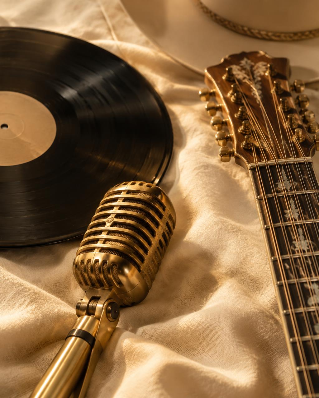 Disco de vinilo, micrófono dorado y bajo sexto